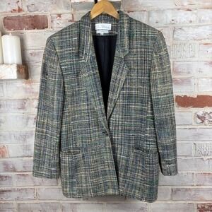 Emil Rutenberg 100% Silk Tweed Blazer Small Tailored 3/4 Sleeve Green Blue Plaid